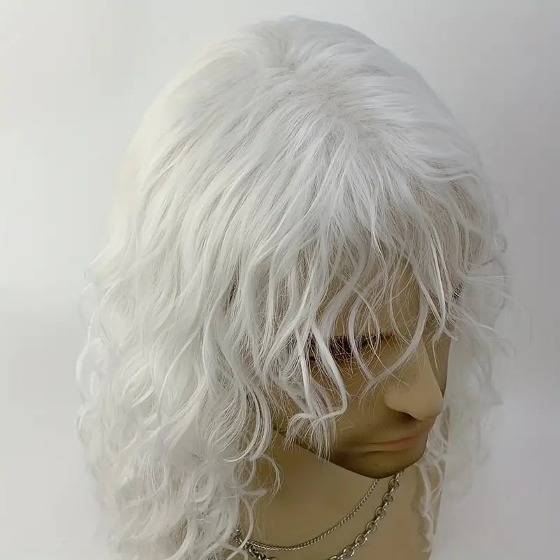 White Long Wave Curly Rocker Wig for Men - Perfect for Parties, Halloween, and Music Festivals