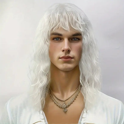 White Long Wave Curly Rocker Wig for Men - Perfect for Parties, Halloween, and Music Festivals