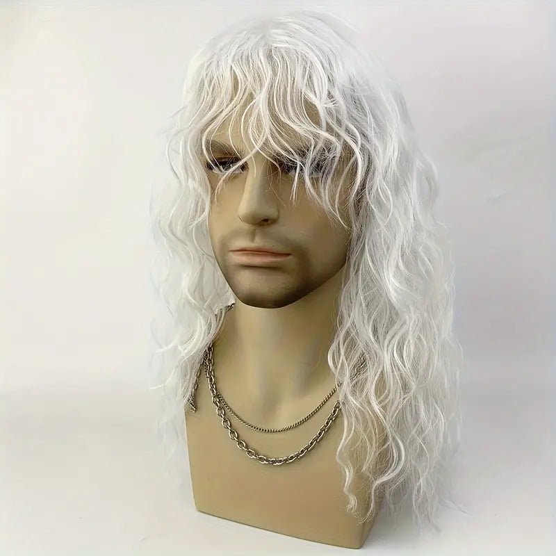 White Long Wave Curly Rocker Wig for Men - Perfect for Parties, Halloween, and Music Festivals