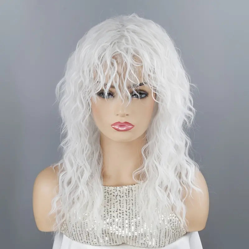 Women's White Curly Wig with Bangs - 18 Inch Long