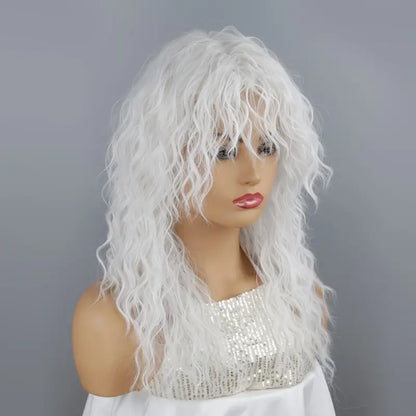 Women's White Curly Wig with Bangs - 18 Inch Long