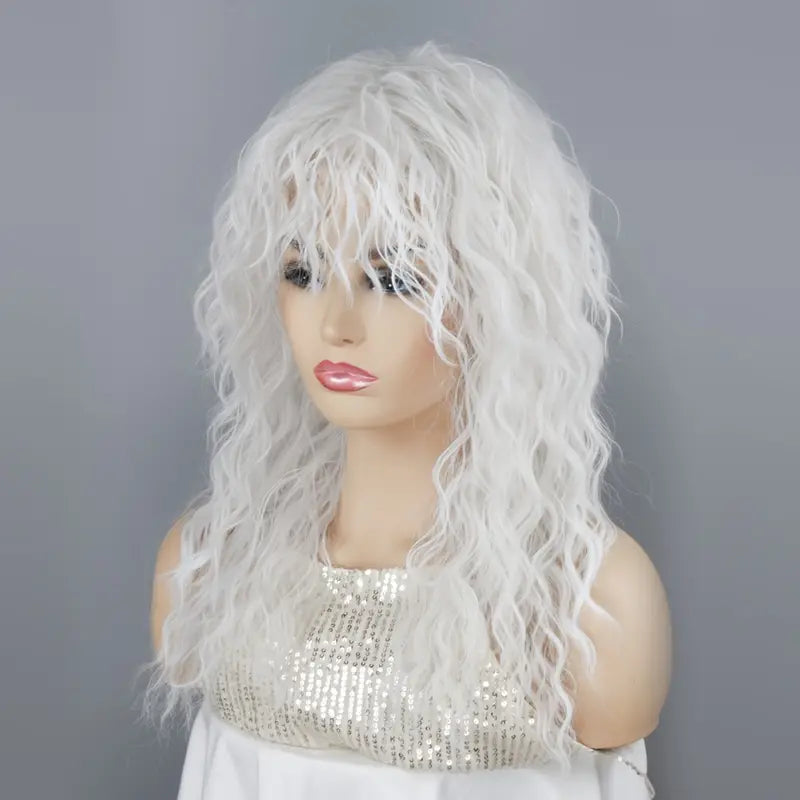 Women's White Curly Wig with Bangs - 18 Inch Long