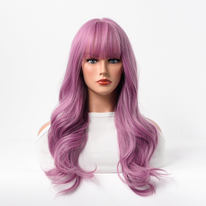 Long curly wig with bangs (Purple/Brown) - Synthetic Full Head Wig for Women