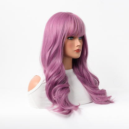 Long curly wig with bangs (Purple/Brown) - Synthetic Full Head Wig for Women