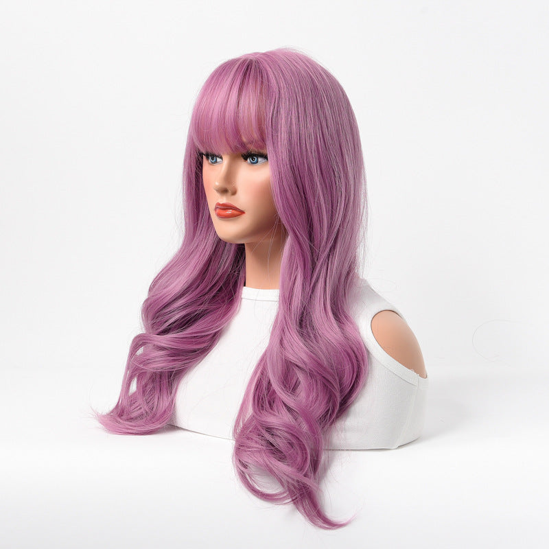 Long curly wig with bangs (Purple/Brown) - Synthetic Full Head Wig for Women